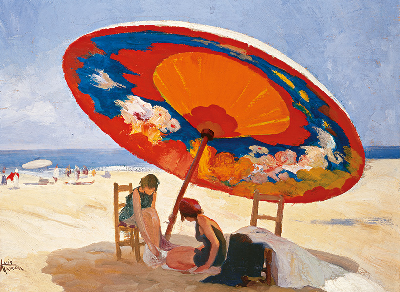 Sota l’ombrel·la. ME 691. Lluís Masriera Rosés (Barcelona 1872 – 1958). c.1925 Oli sobre fusta. 39,5 x 52,5 cm . Donació de l’autor